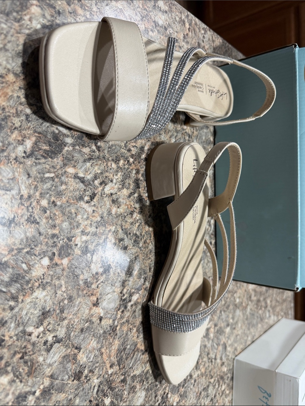 Life Stride Beige Slingback Block Heel Sandals with Rhinestone Straps